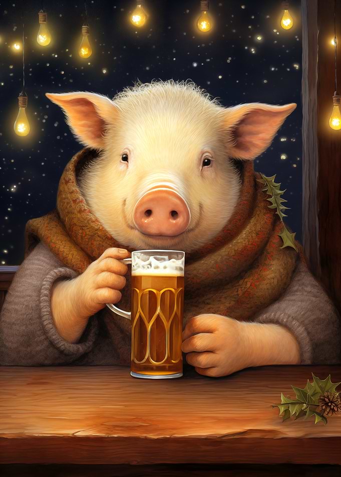 Pig with Beer in Cozy Setting