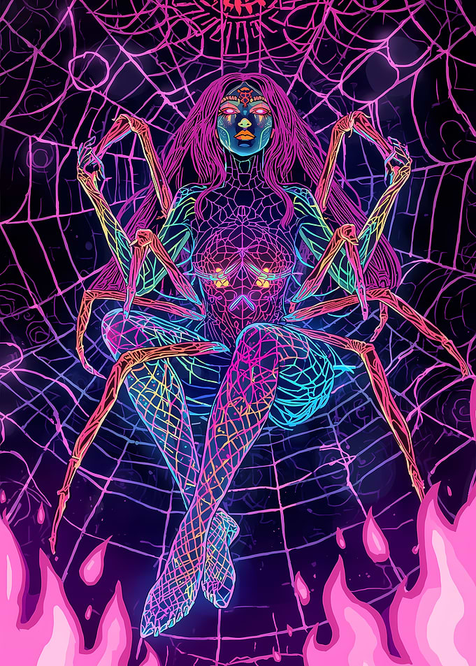 Neon Spider Woman in Web