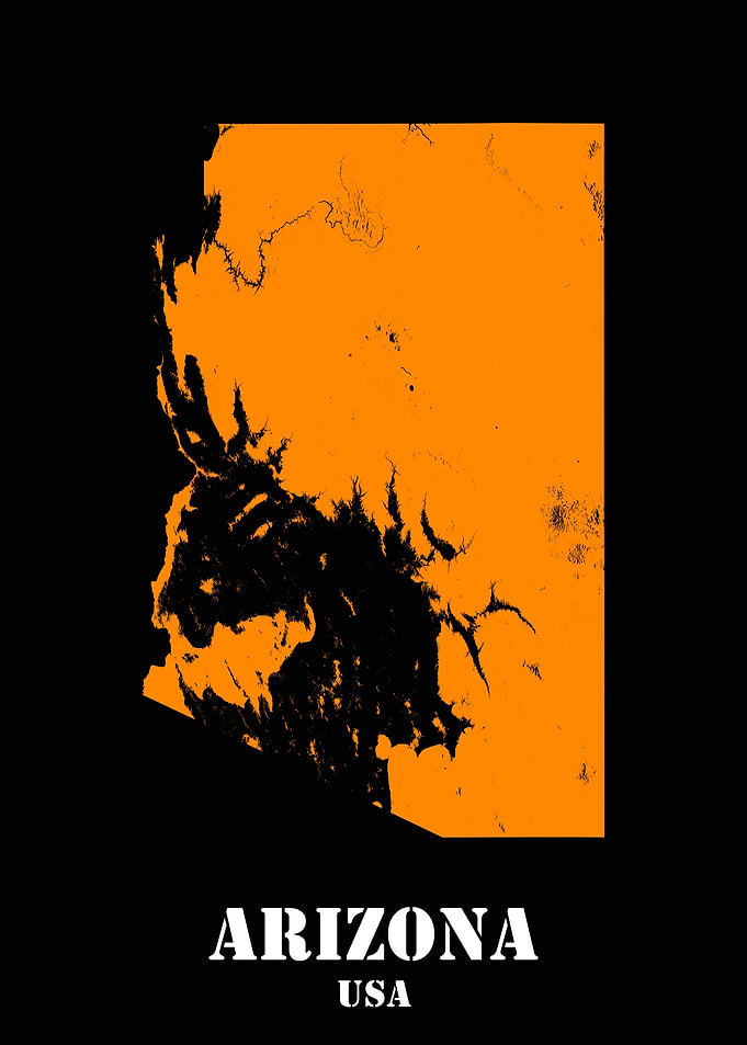Arizona USA State Minimalist Black Orange Topographic Contour Relief Map featuring terrain in orange color