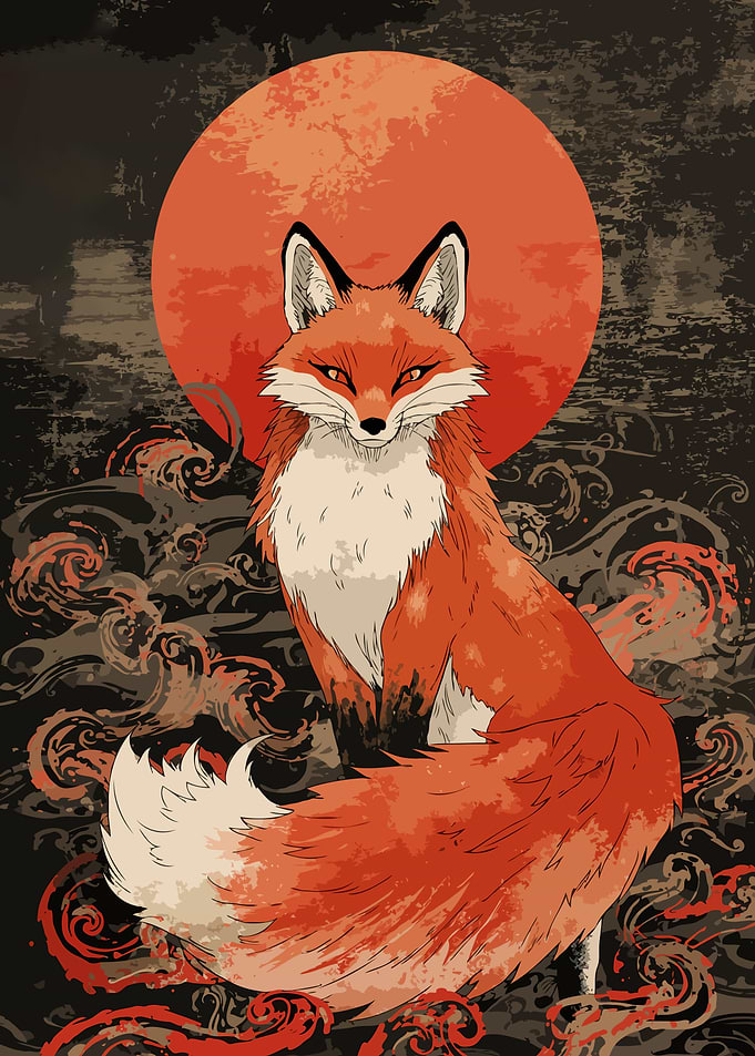 Fox with Red Moon Digital Art