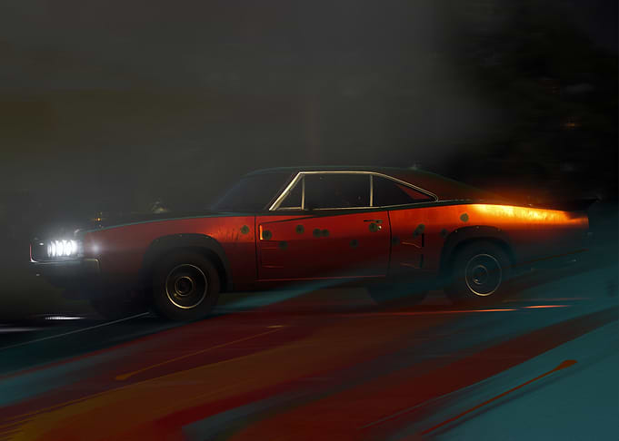 Red Muscle Car in Motion