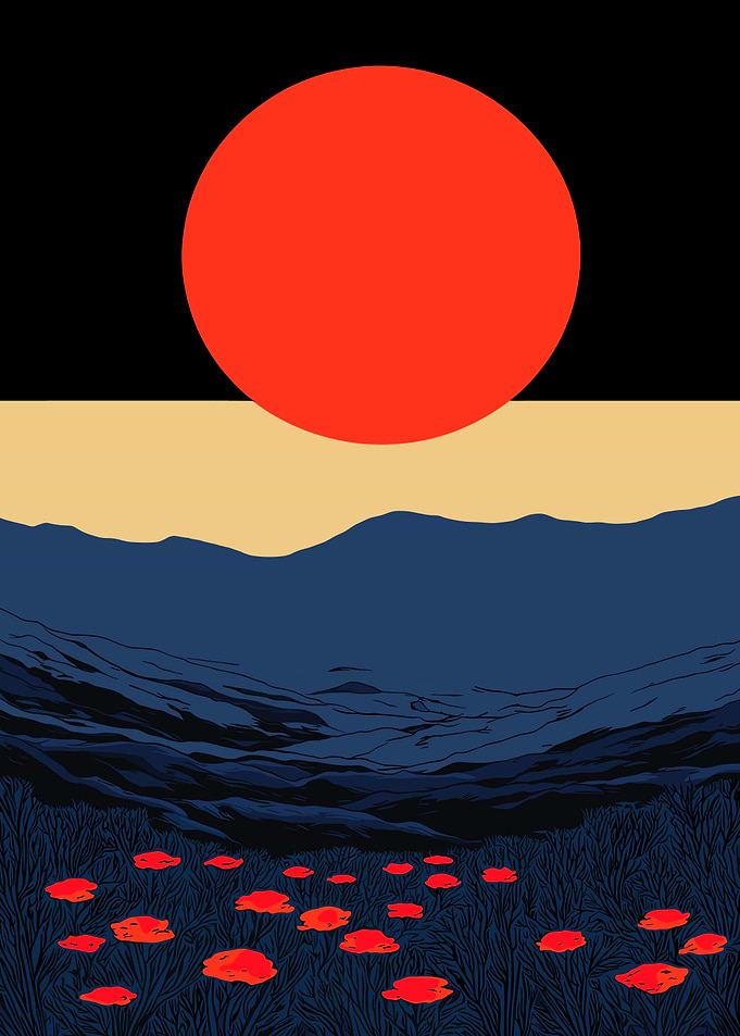 Red Sun Over Blue Landscape
