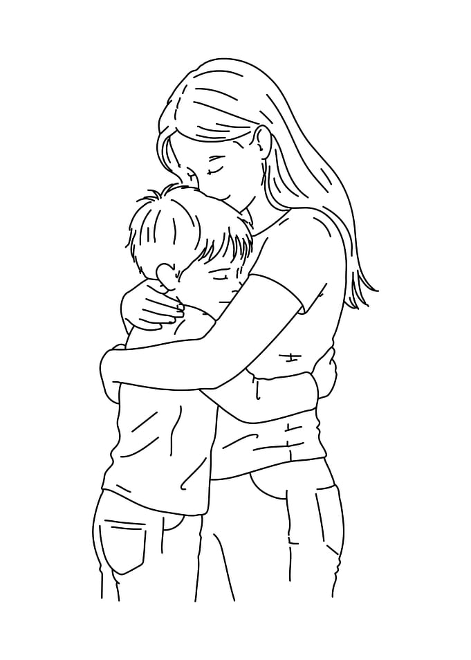 Mother and Son Embrace Line Art
