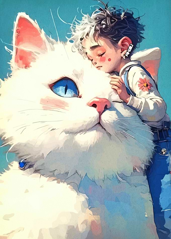 Boy and Giant Cat Illustration