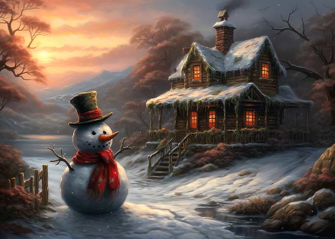 Winter Cabin with Snowman Landscape