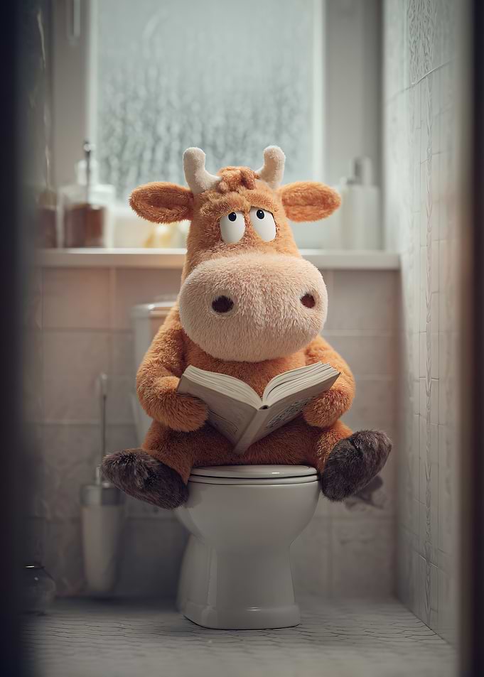 Cow Plush Reading on Toilet