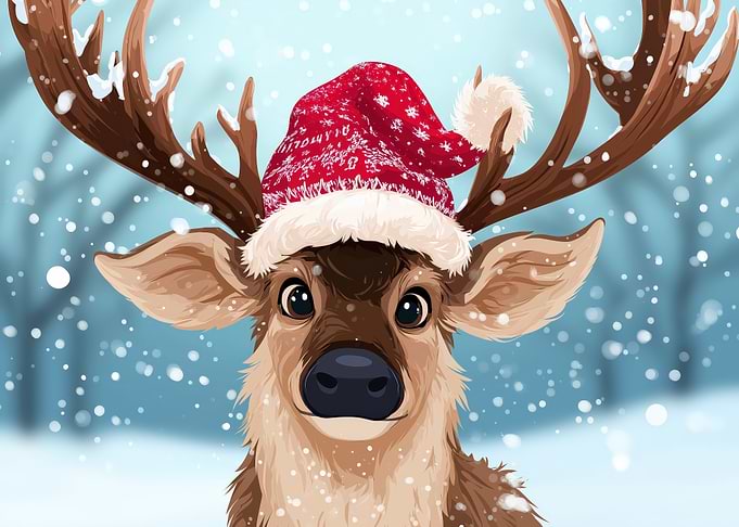 Christmas Reindeer with Santa Hat Portrait