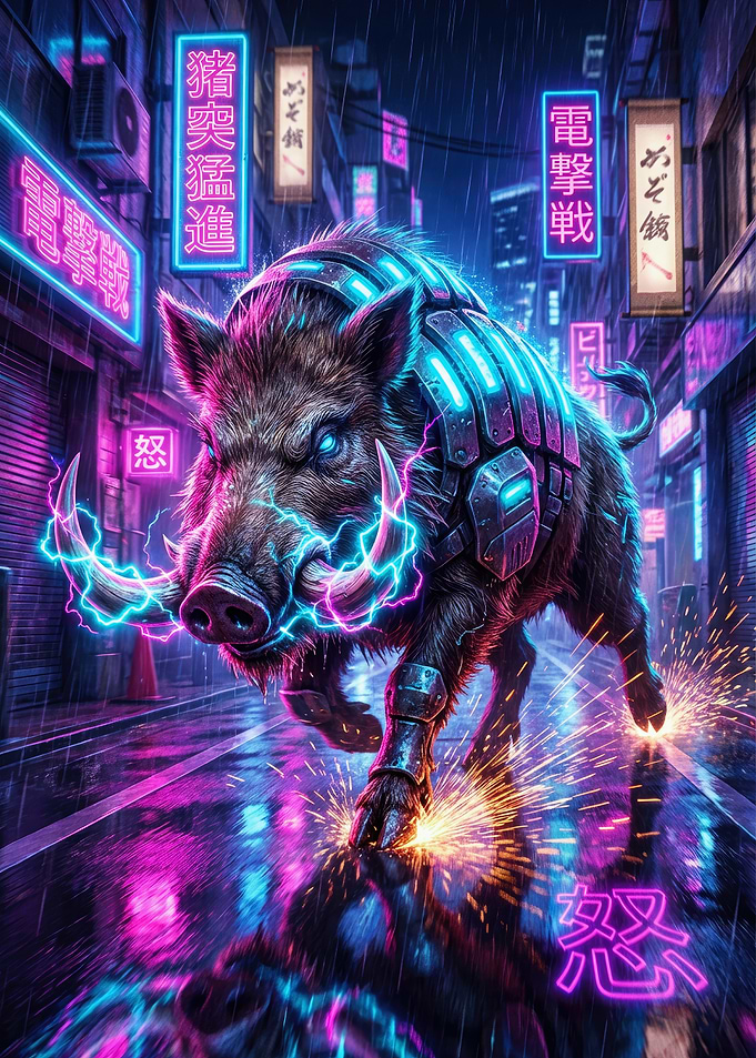 Neon Cyberpunk Boar in Rainy Tokyo