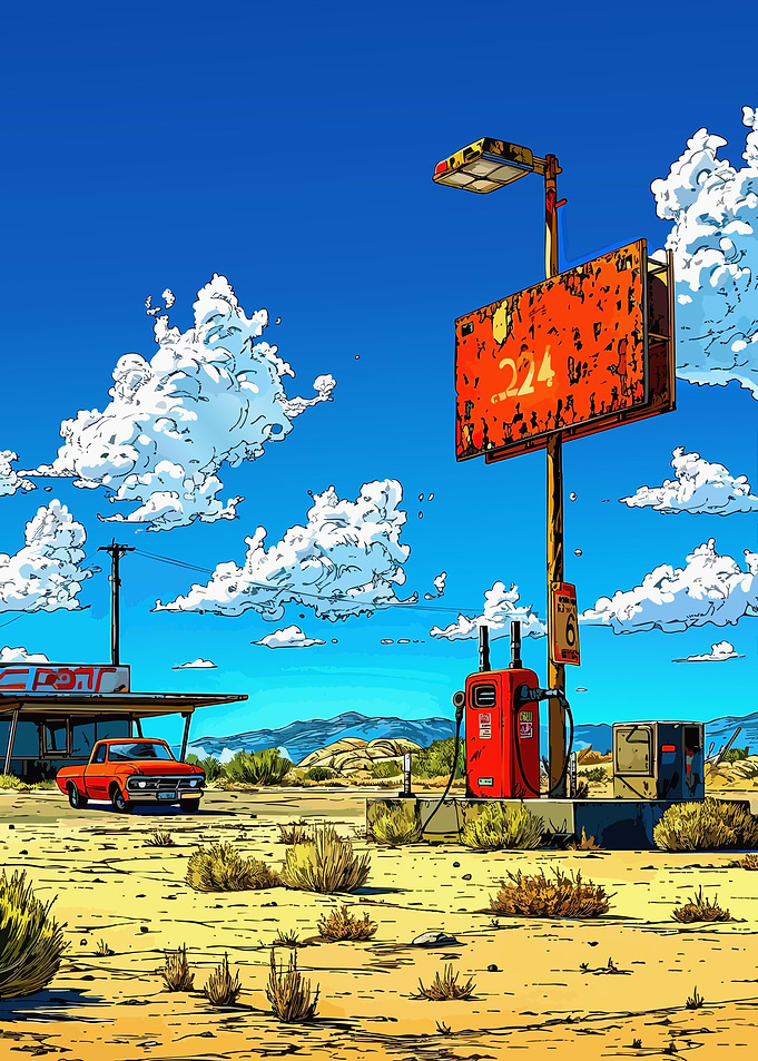 Desert Gas Station with Orange Truck
