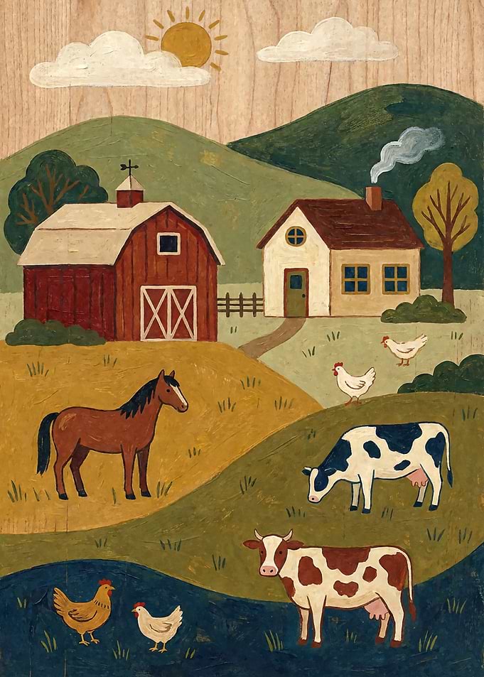 Folklore Farmhouse Landscape with Animals