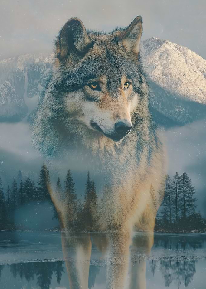 Wolf And Mountain Double Exposure