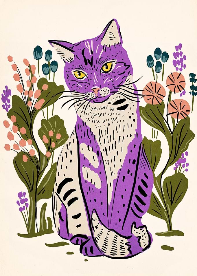 Purple Cat with Flowers Illustration