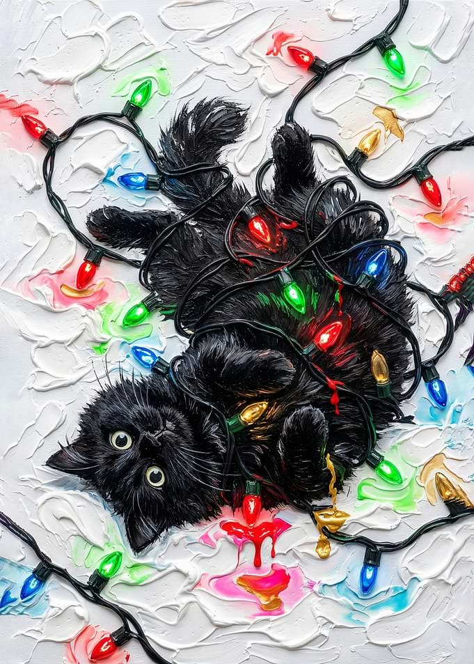 Black Cat Tangled in Christmas Lights
