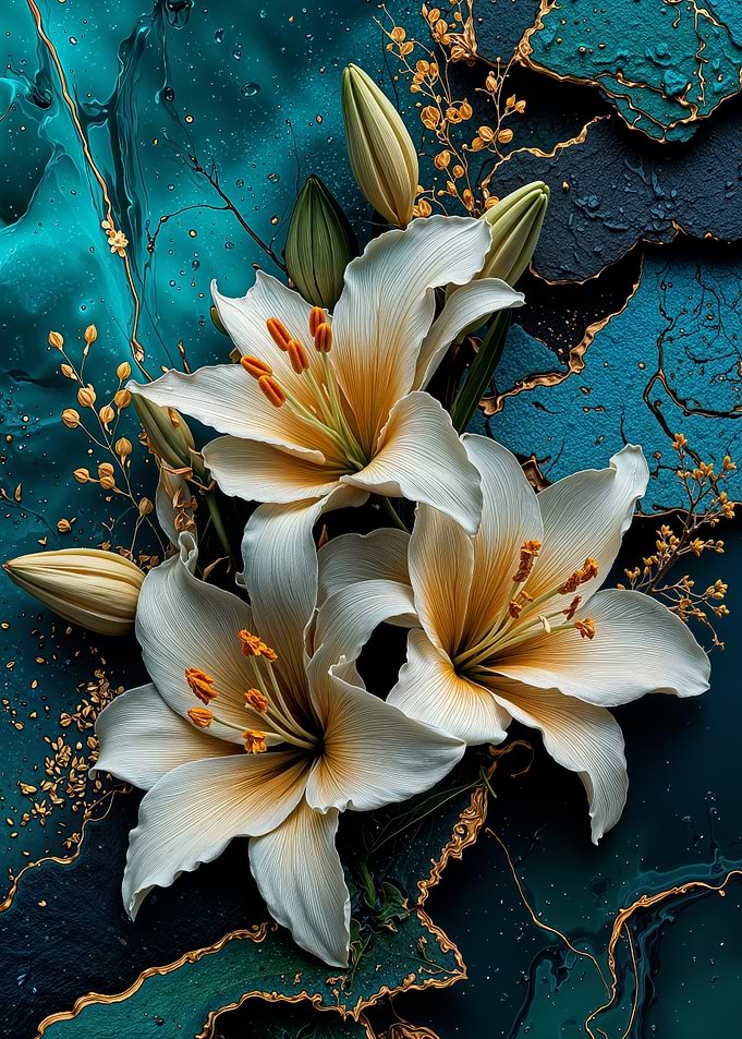 Teal Gold Lilies Flower