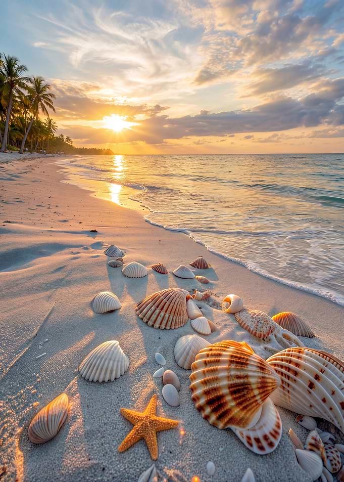 Beach Sunset with Seashells and Starfish