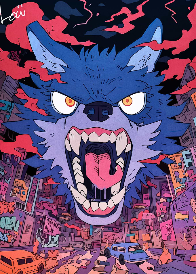 Giant Wolf Over Cityscape Illustration