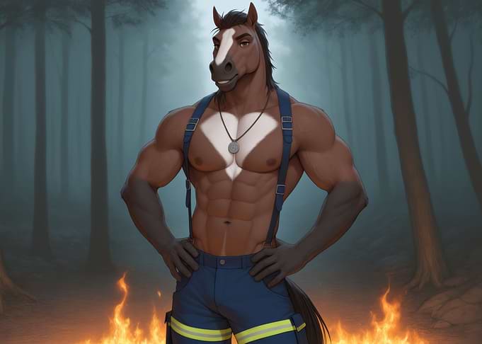 Muscular Anthro Horse Firefighter in Forest