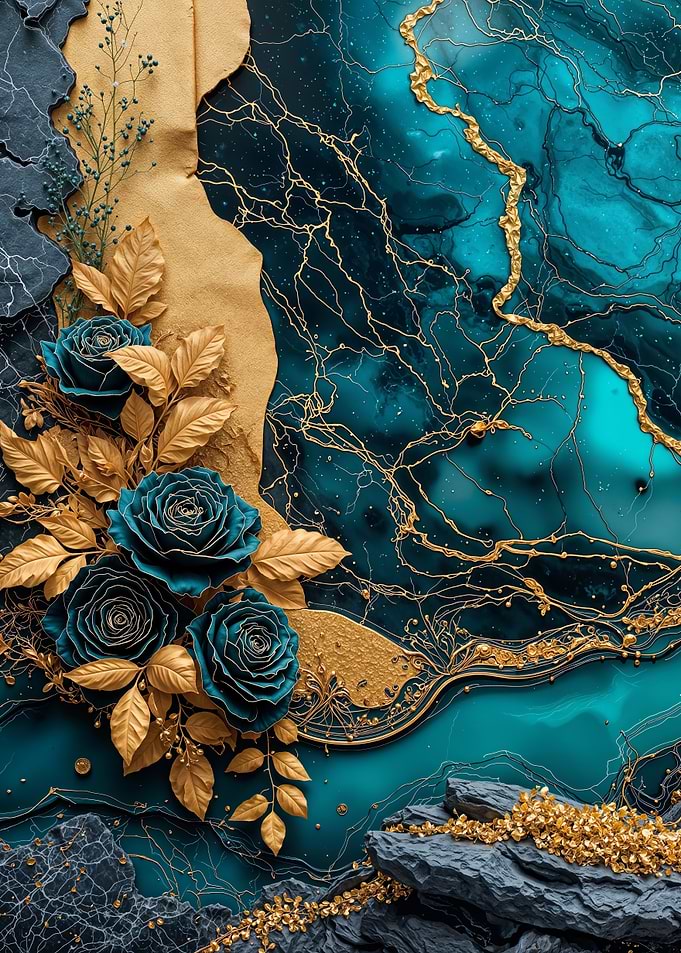 Teal Gold Rose Flower