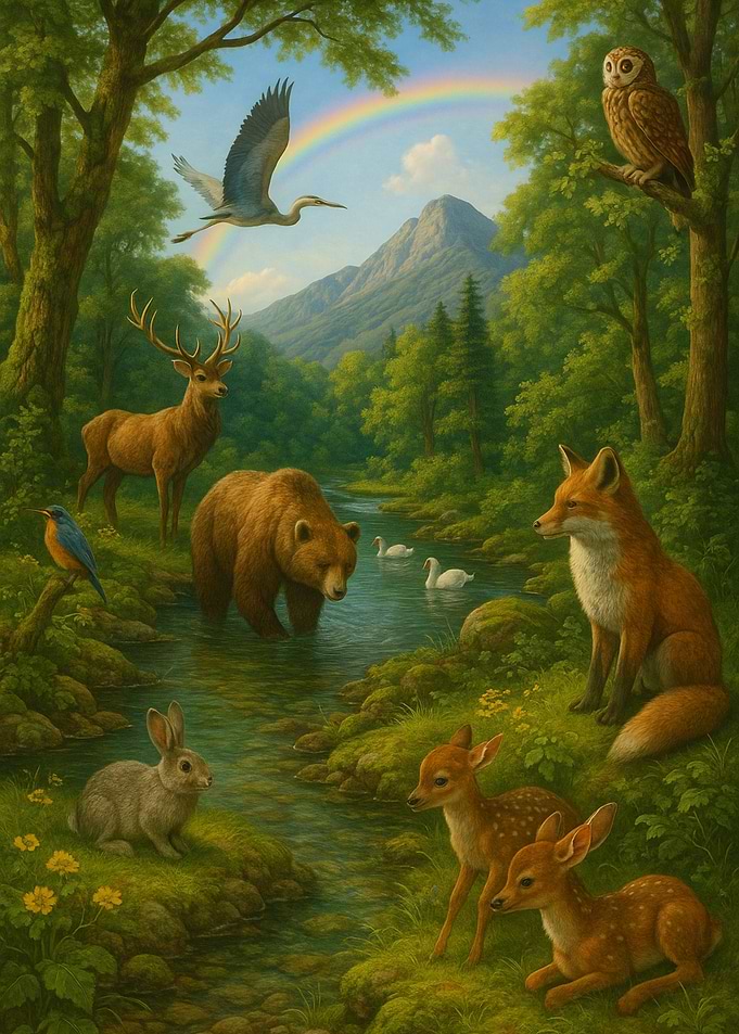 Wildlife in a Forest Stream Painting