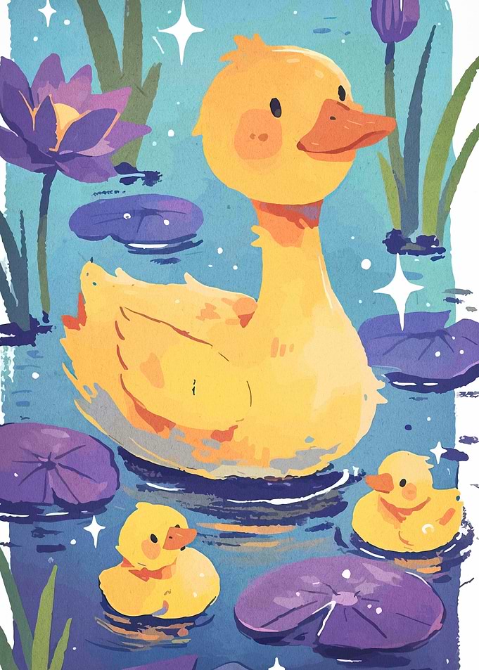 Cute Ducklings in a Pond Illustration