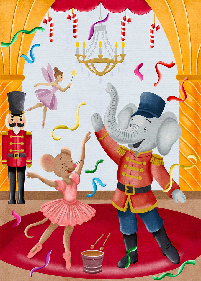 Nutcracker themed illustration with dancing animals