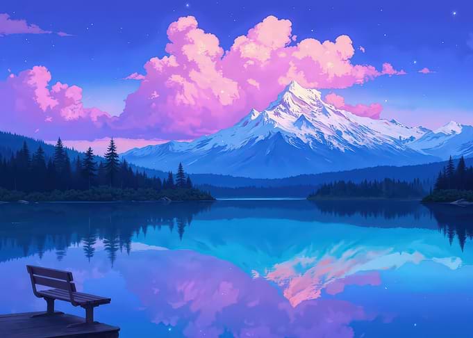 Mountain Lake with Bench Landscape
