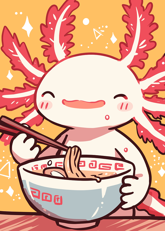 Axolotl eating ramen cartoon illustration