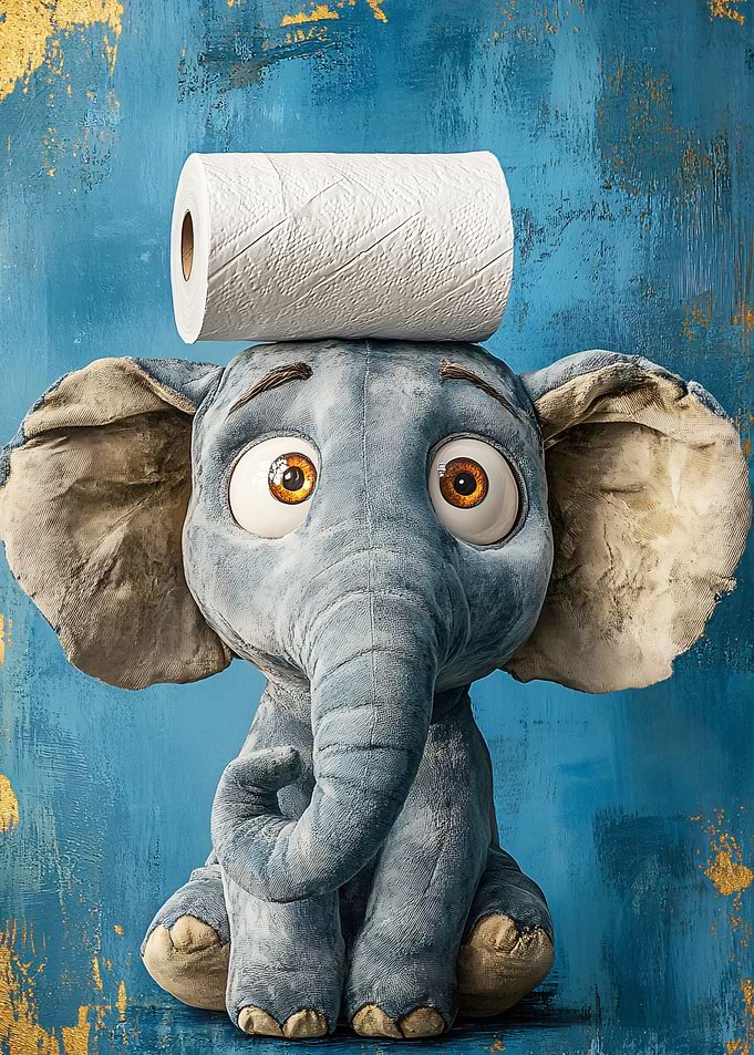 Elephant with Toilet Paper on Head