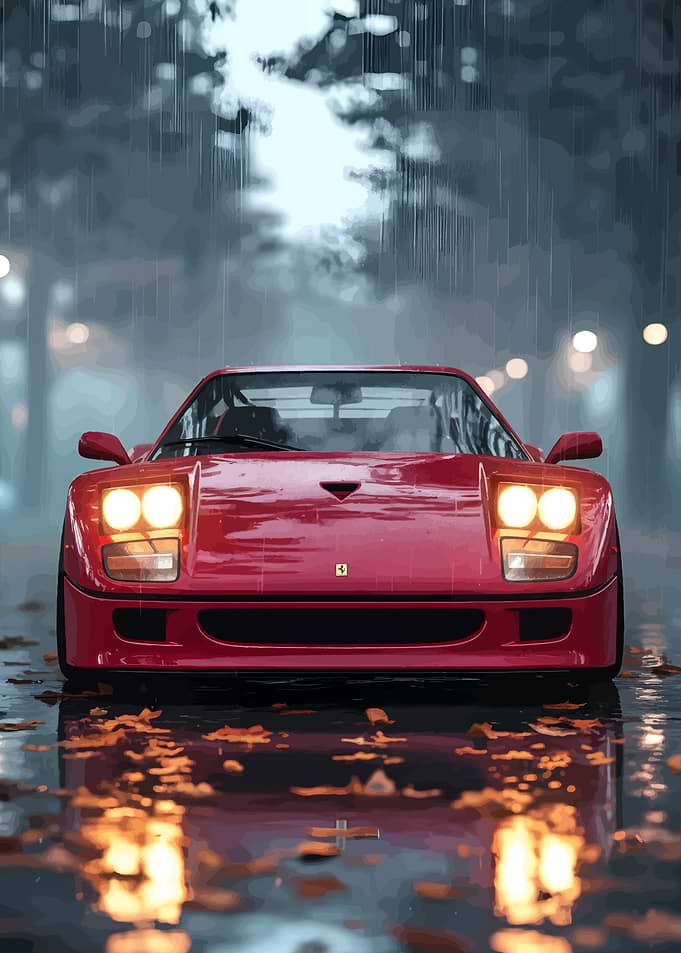 Red Ferrari F40 in the Rain