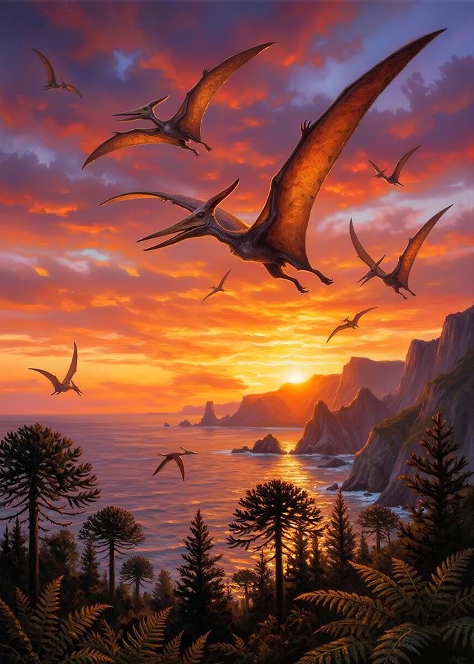 Pterodactyls Flying at Sunset