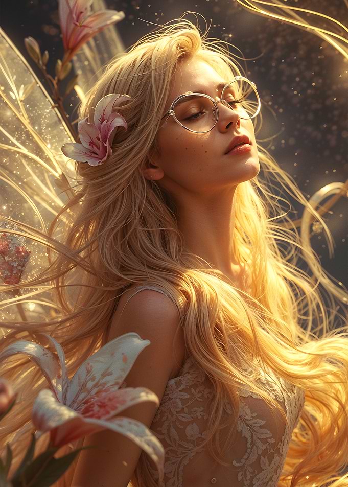 Blonde Fairy with Flowers and Glasses