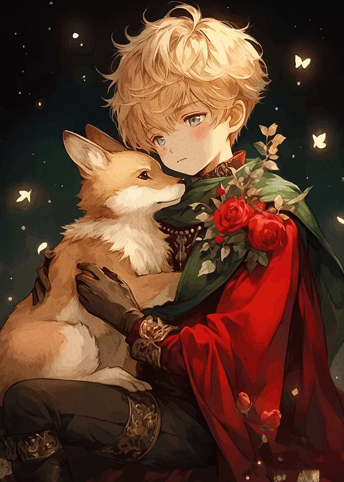Anime Boy with Fox and Roses