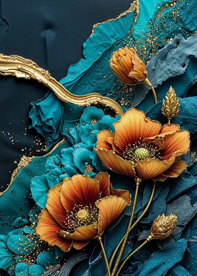 Teal Gold Poppies Flower