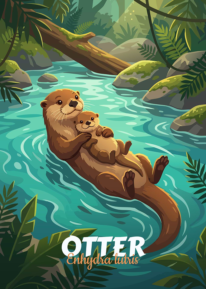 Otter and Pup in River Illustration