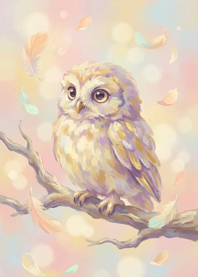 Cute Owl on Branch with Feathers