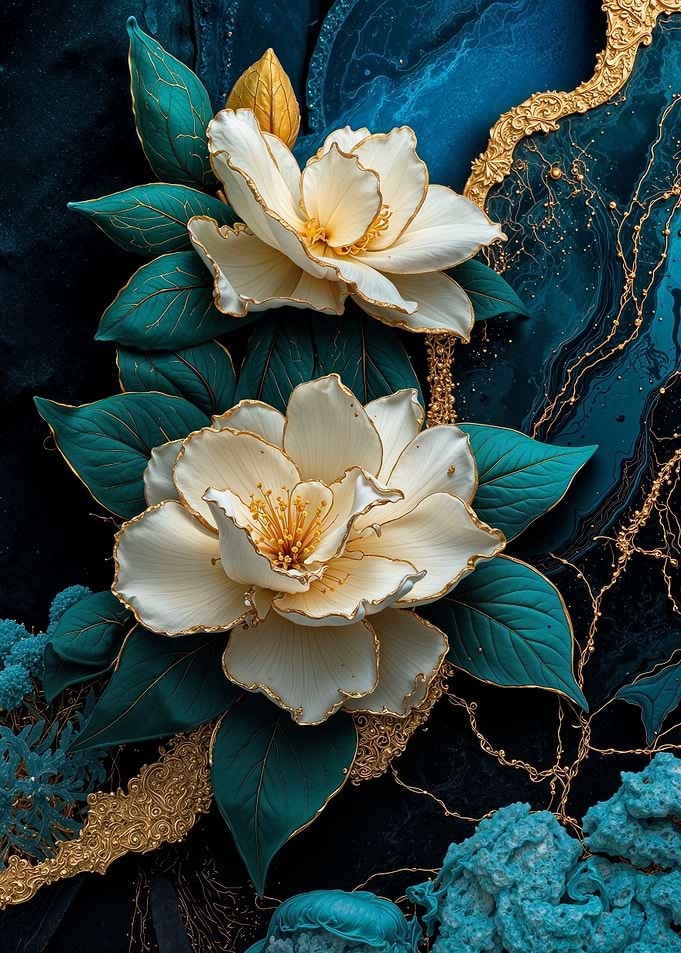 Teal Gold Gardenias Flower