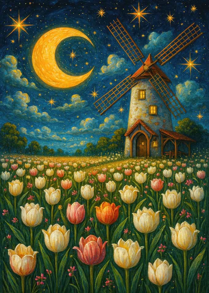 Tulip Field with Windmill at Night