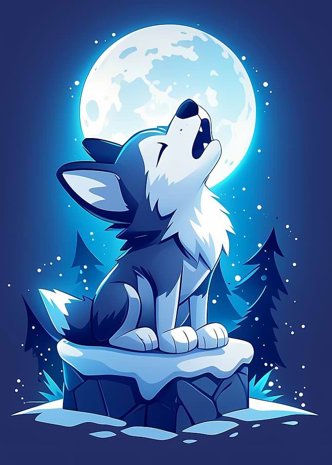 Cartoon Wolf Howling at the Moon