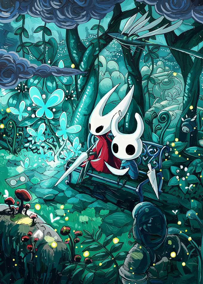 Hollow Knight characters in forest scene