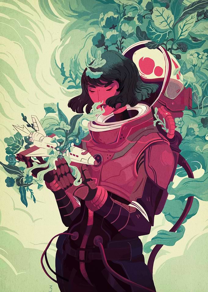 Astronaut with Flowers and Spaceship