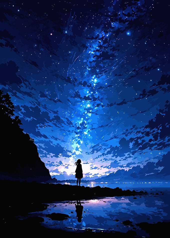 Girl Stargazing at Night Sky