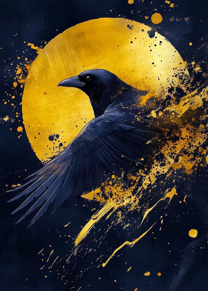 Raven in Flight with Golden Moon
