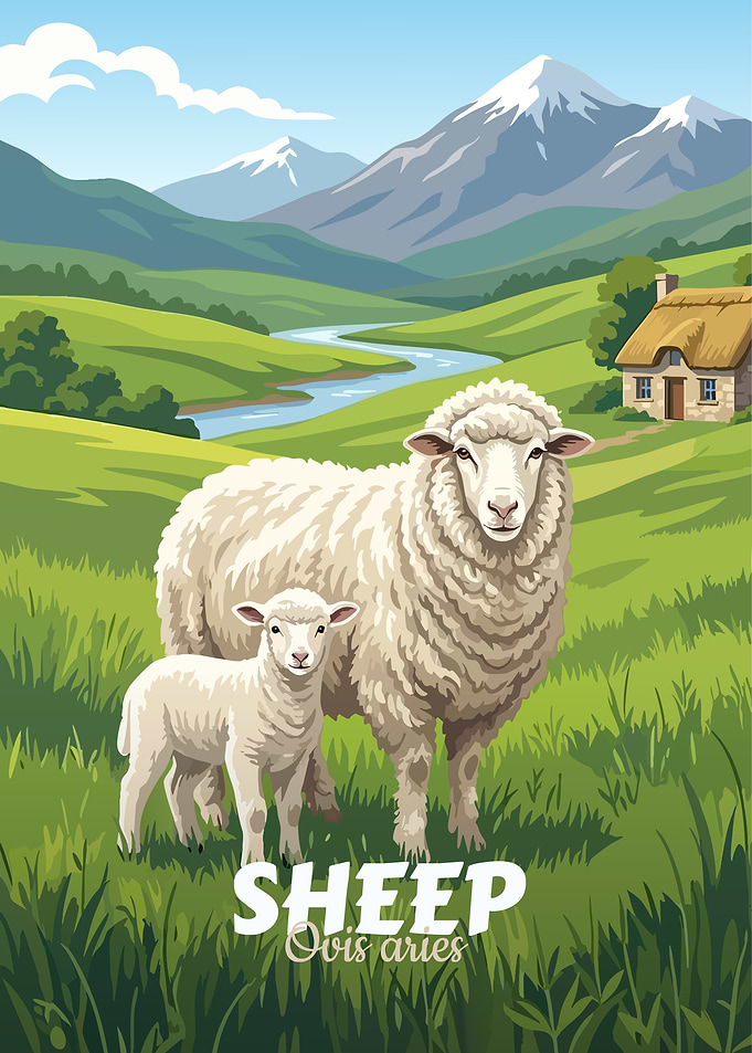 Sheep and Lamb in Green Pasture