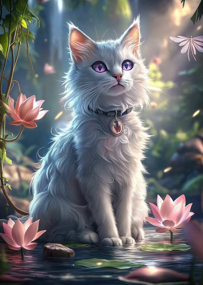 Anime mystical White Cat in lotus garden