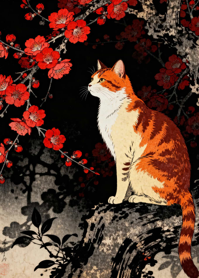 Cat and Plum Blossoms Ukiyo-e Style