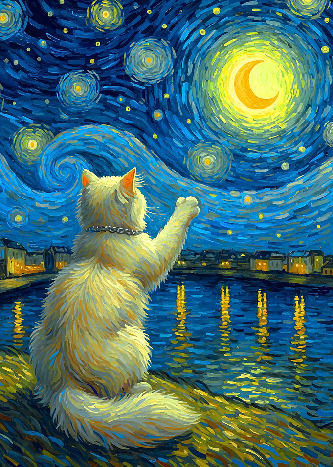 Cat Gazing at Starry Night