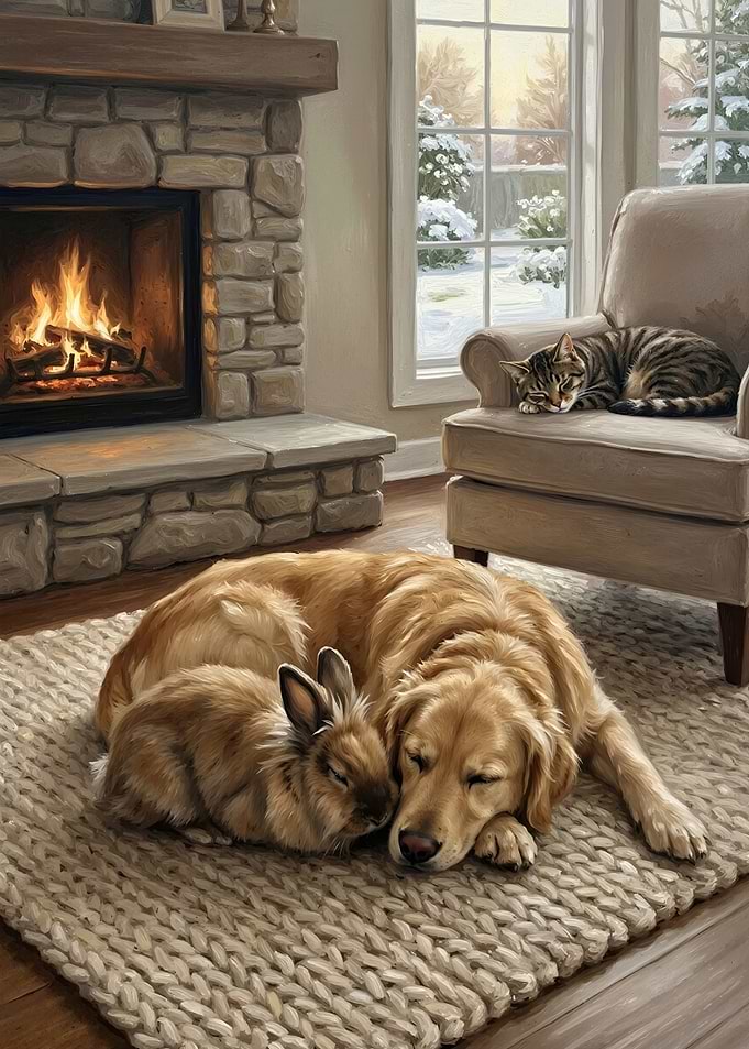 Cozy Animals by Fireplace