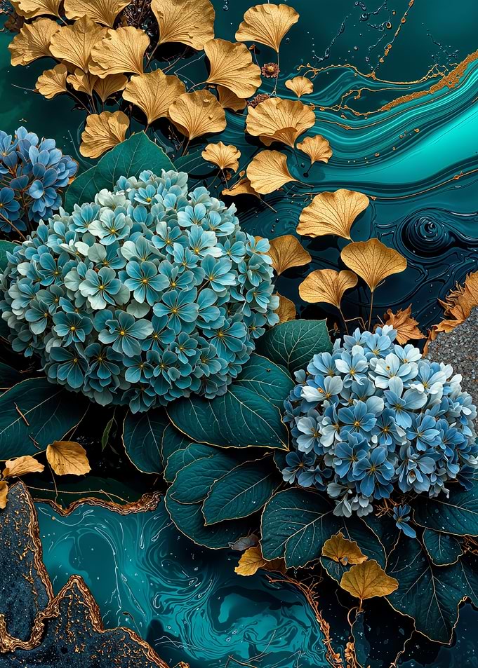 Teal Gold Hydrangeas Flower