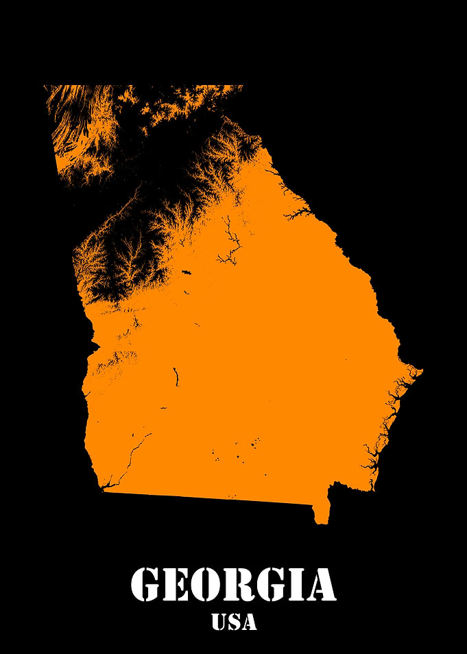 Georgia USA State Minimalist Black Orange Topographic Contour Relief Map featuring terrain in orange color