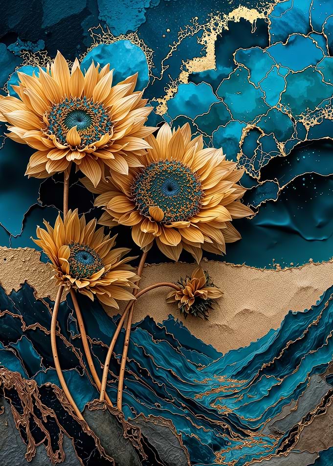 Teal Gold Sunflower Flower